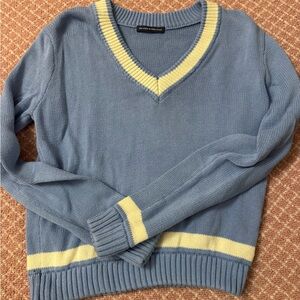 Blue V-Neck Sweater with Cream Accents